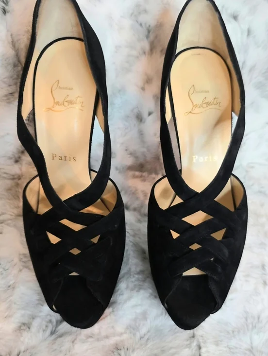 Christian Louboutin Black Suede Strappy Peep-Toe Platform Heels EU 38.5 / US 8 - Picture 3 of 11